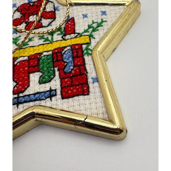 Vintage Cross Stitch Christmas Eve Tree Ornament Star Shaped Gold Tone Stockings - Picture 4 of 7